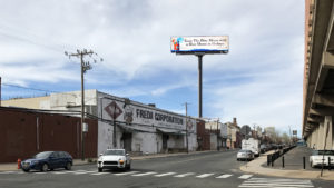 Mockup of a 120 ft. tall double-sided digital billboard at the Freda Meat site on Front Street, one view looking from the north and one looking from the south. Click each to enlarge. 